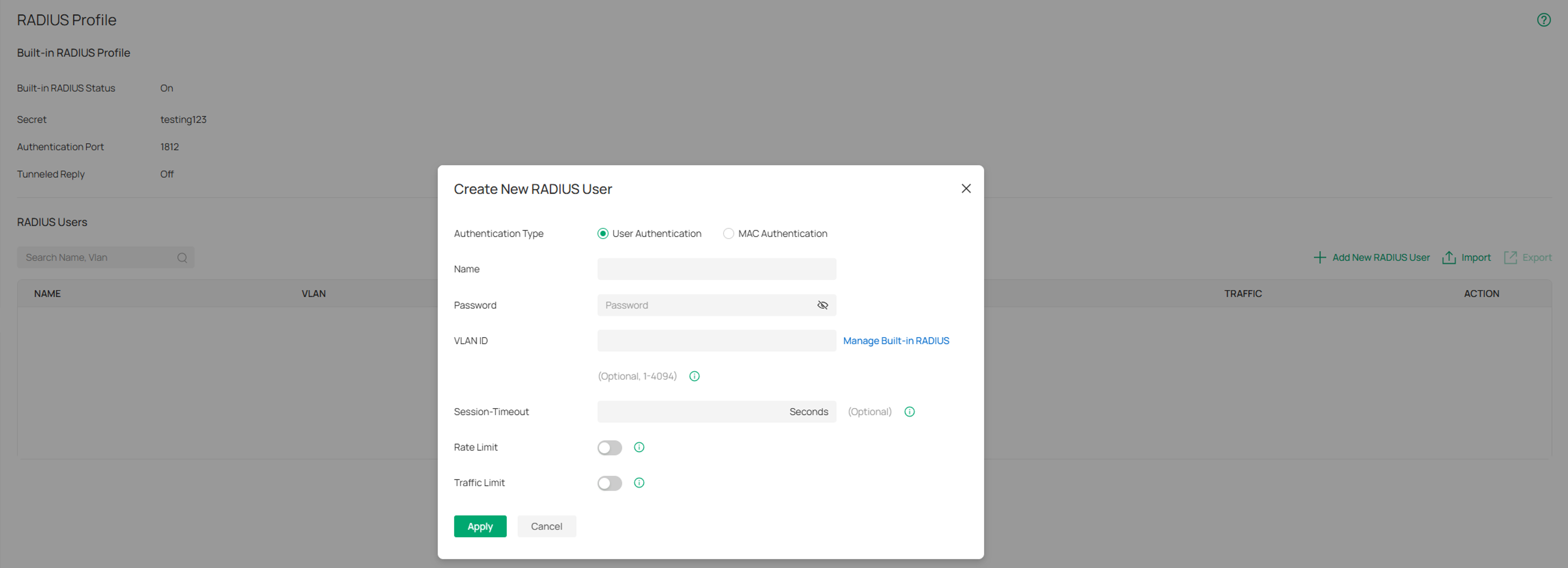 create a new user in Built-in RADIUS server.