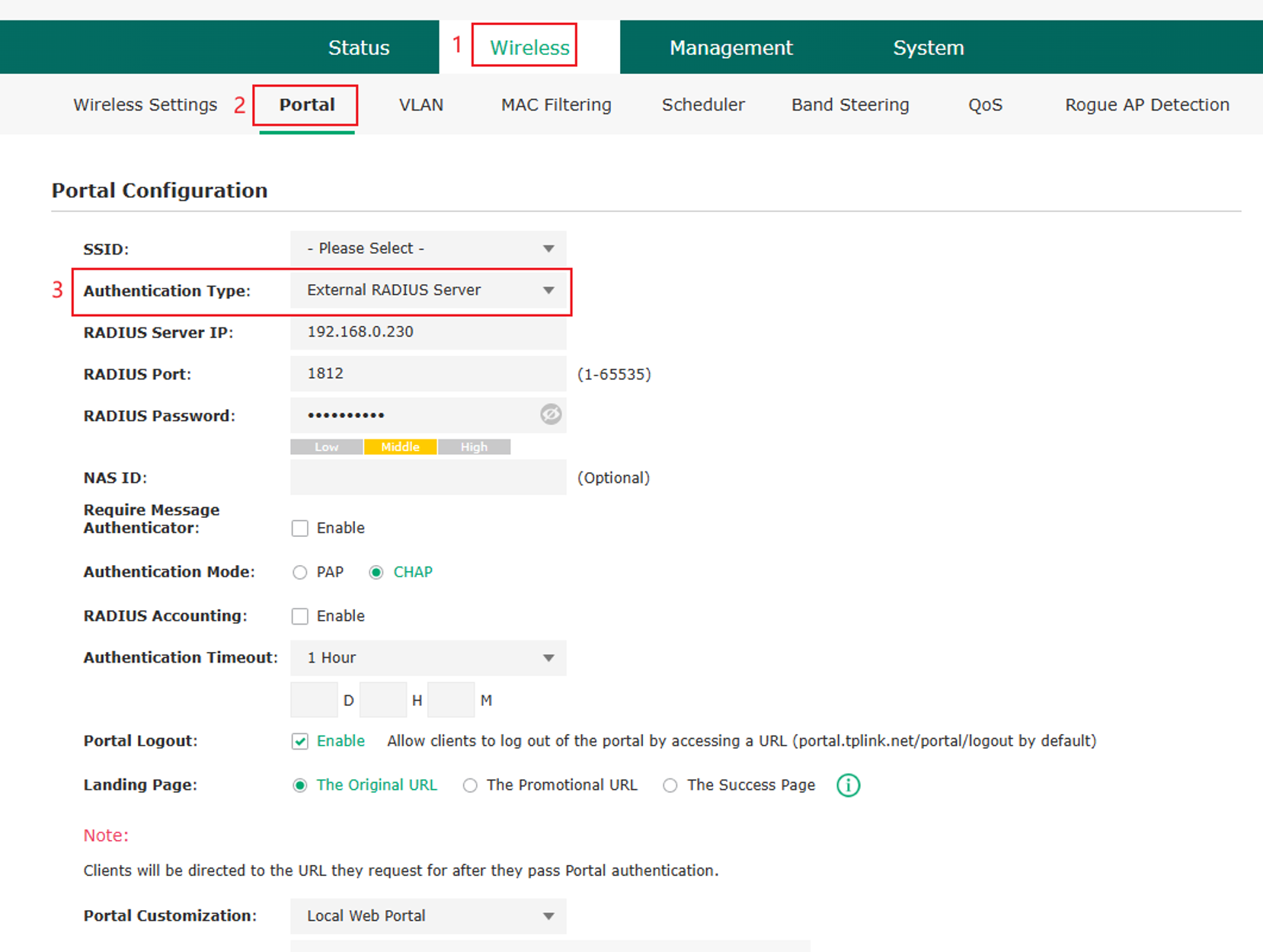 configure portal with external RADIUS server in EAP standalone mode.