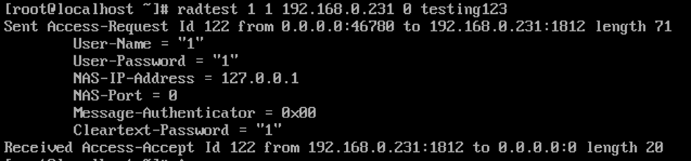 check whether the RADIUS server is working properly by running radtest.