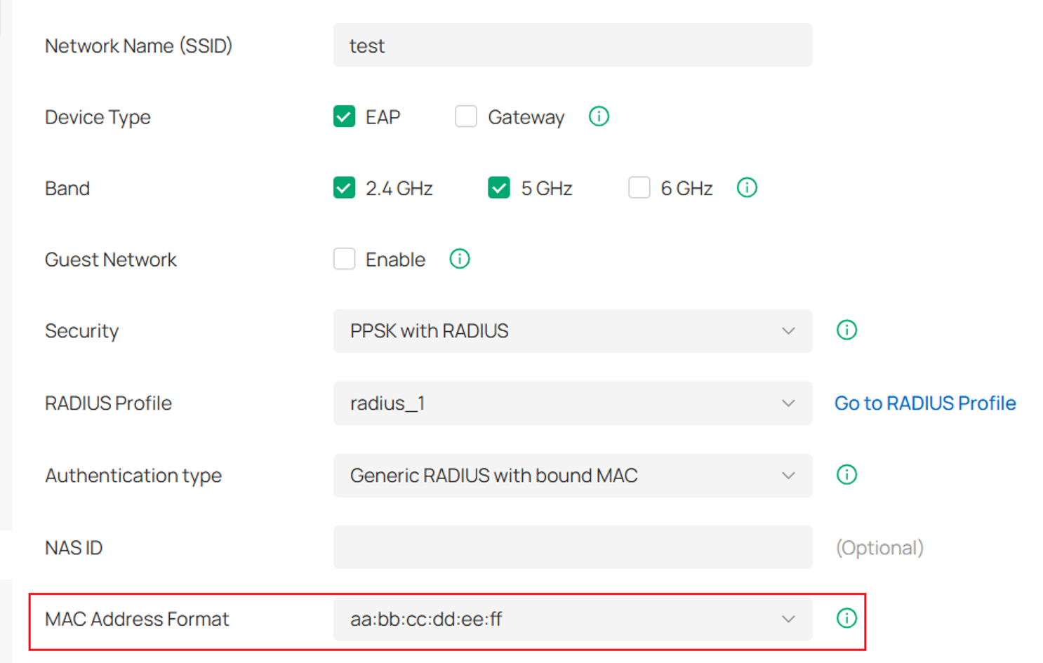 the position of the MAC Address Format in the PPSK with RADIUS with bound MAC function.