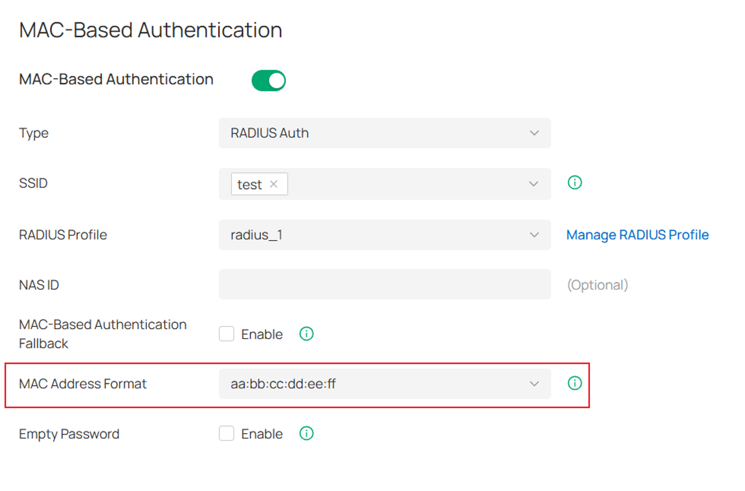 the position of the MAC Address Format in the MAC-Based Authentication function.