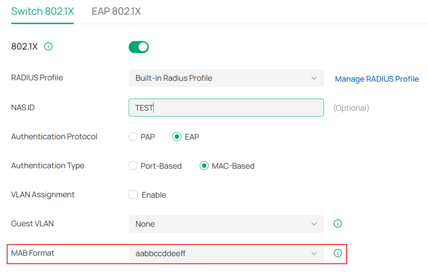 the position of the MAC Address Format in the Switch 802.1X function.