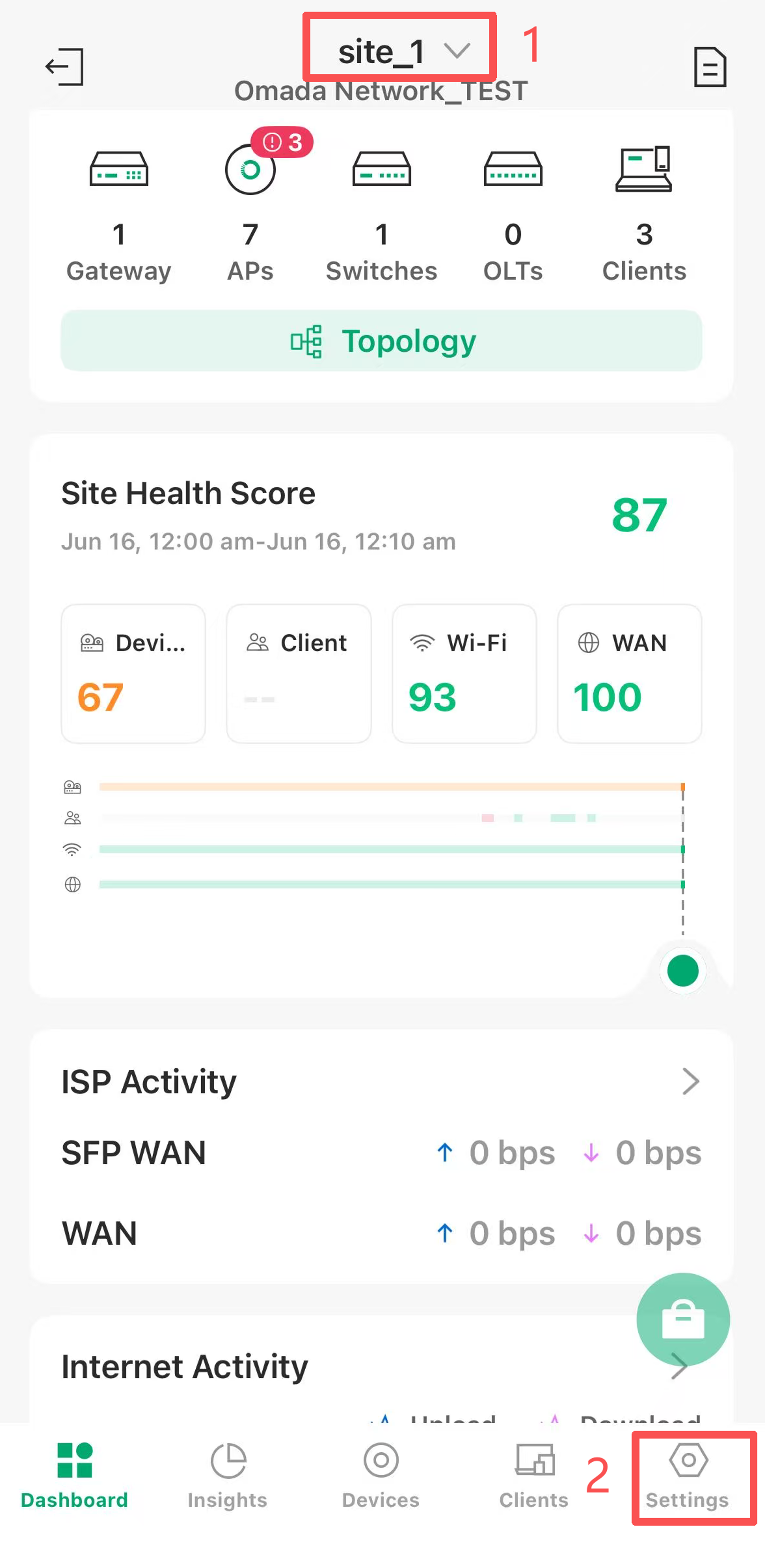 Choose settings under site view in Omada app.