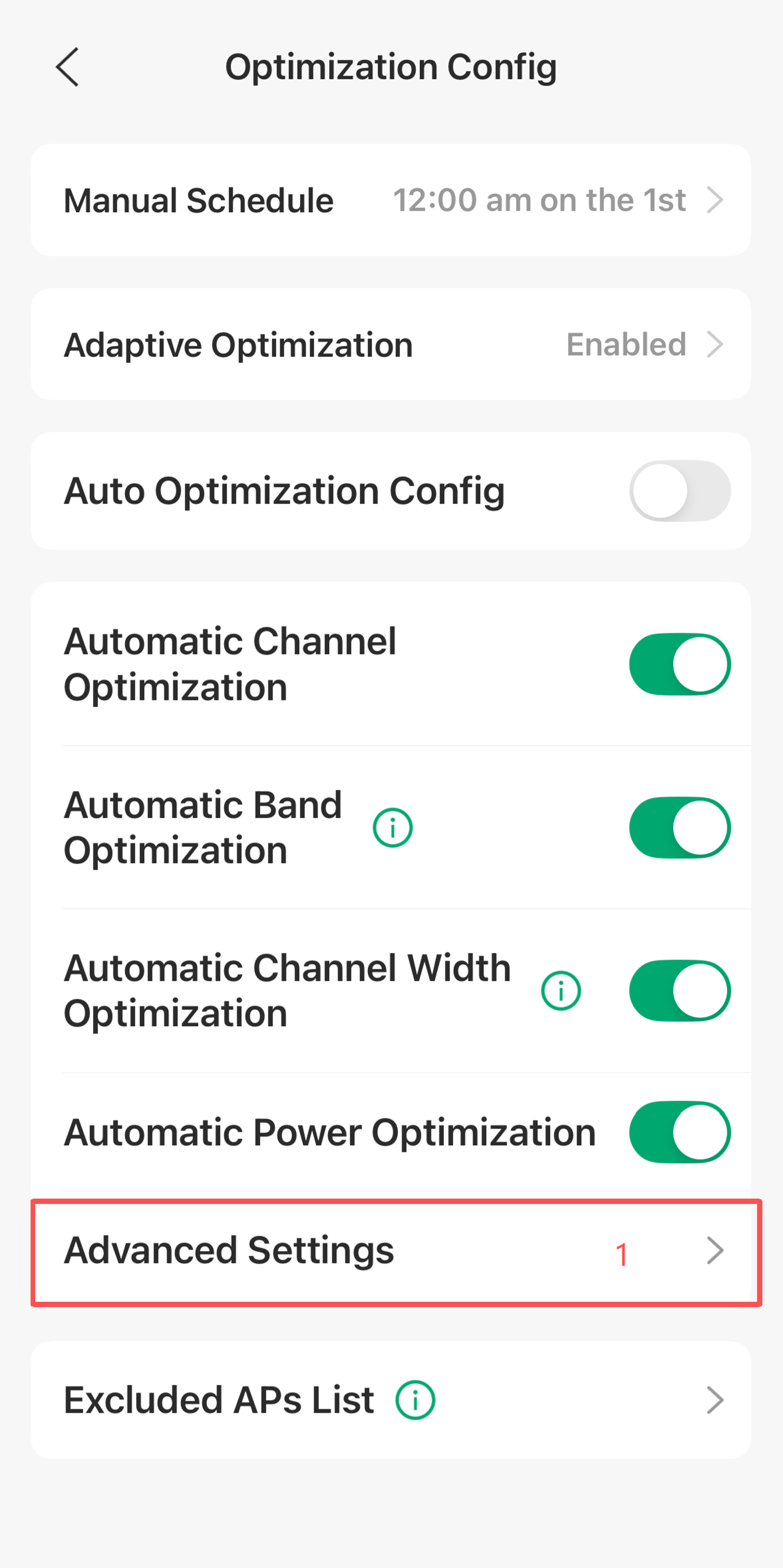 Choose advanced settings under Optimization Config page in Omada app.