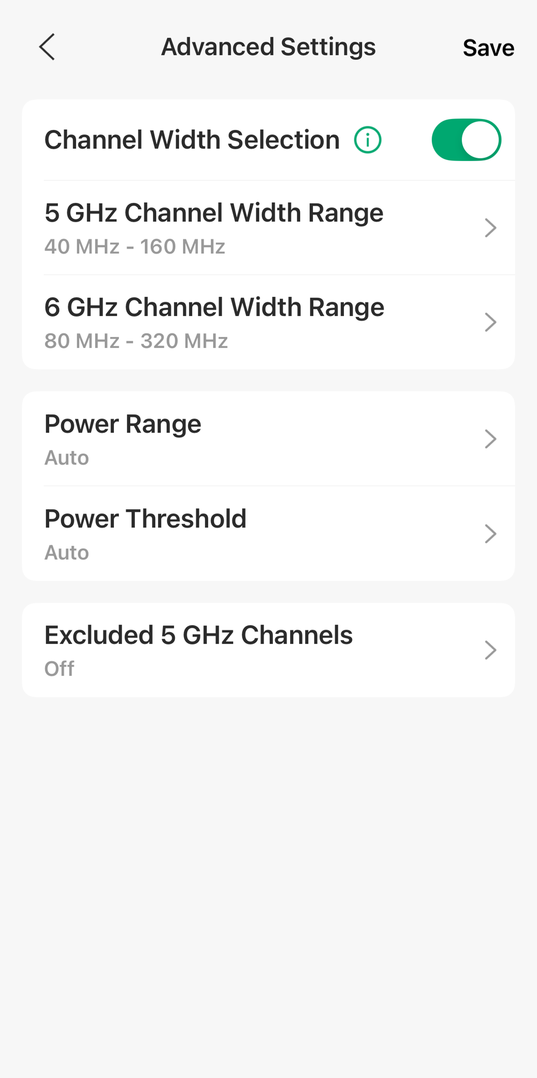 Custimize advanced settings like channel width, power range. power threshold and excluded 5G channels etc.