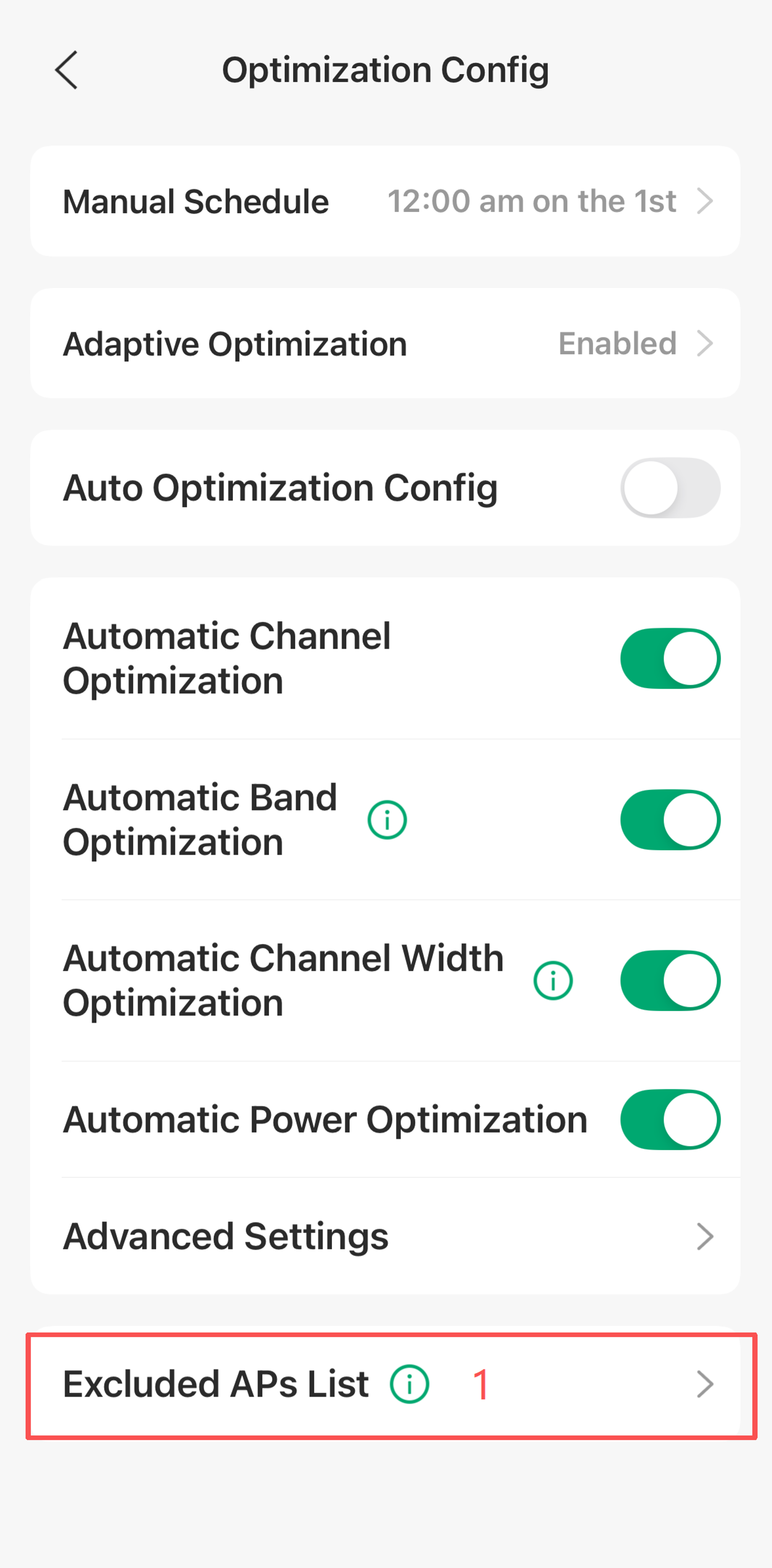 Choose Excluded APs List under Optimization Config page.