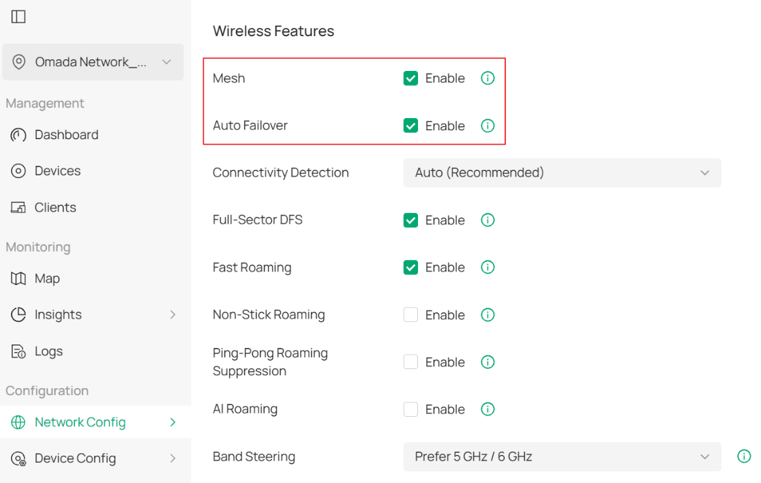 Site Settings page showing the Mesh and Auto Failover settings.