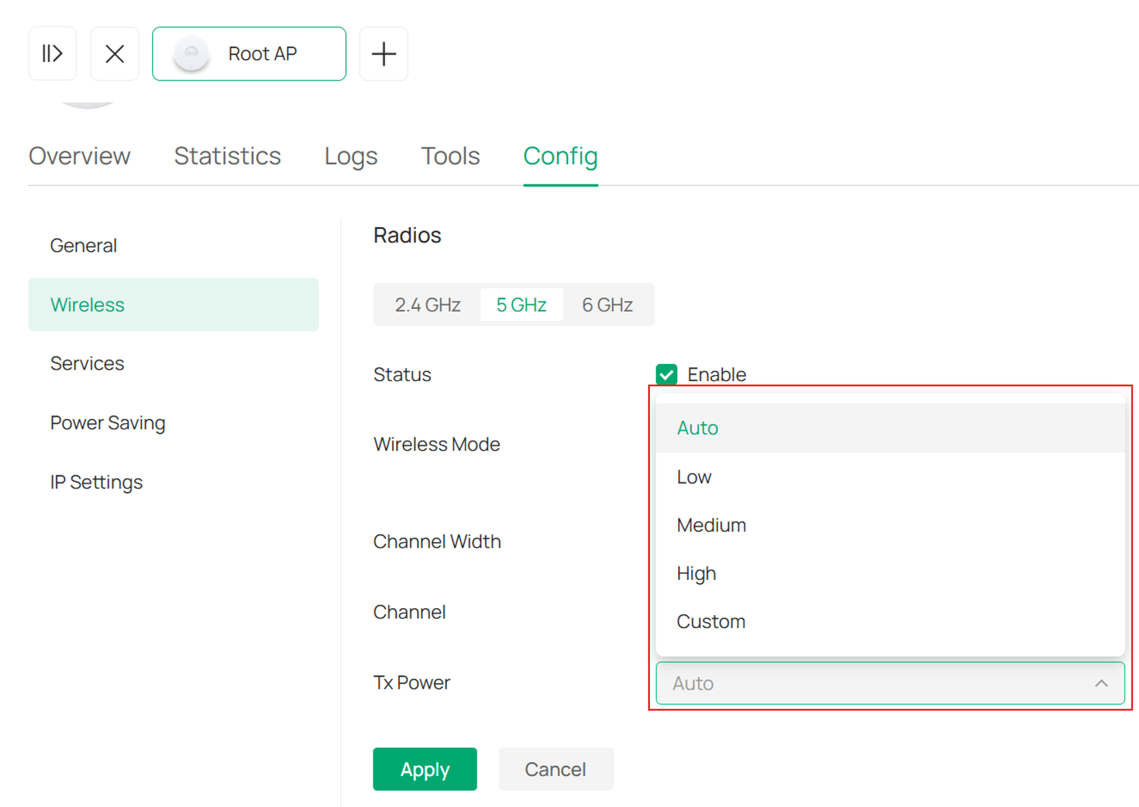 Transmit Power setting in the radios configuration of Root AP.