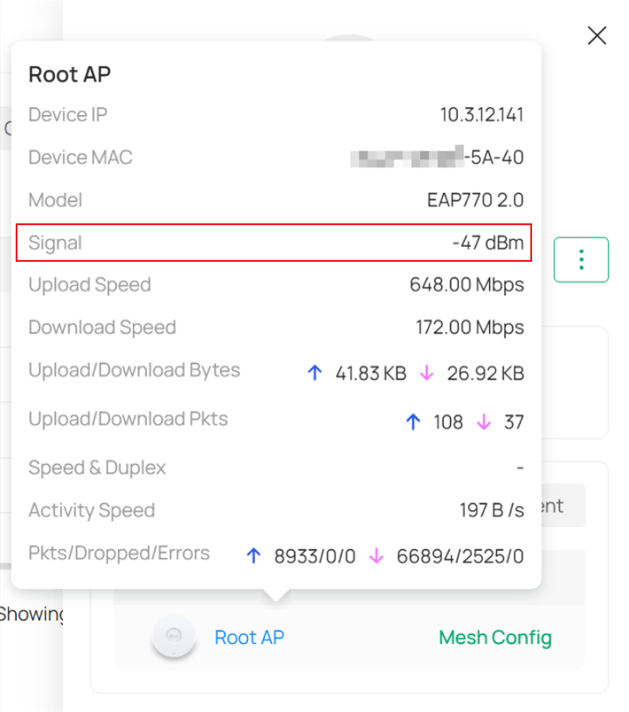Mesh AP connection details showing a signal strength of -47 dBm to the Root AP.