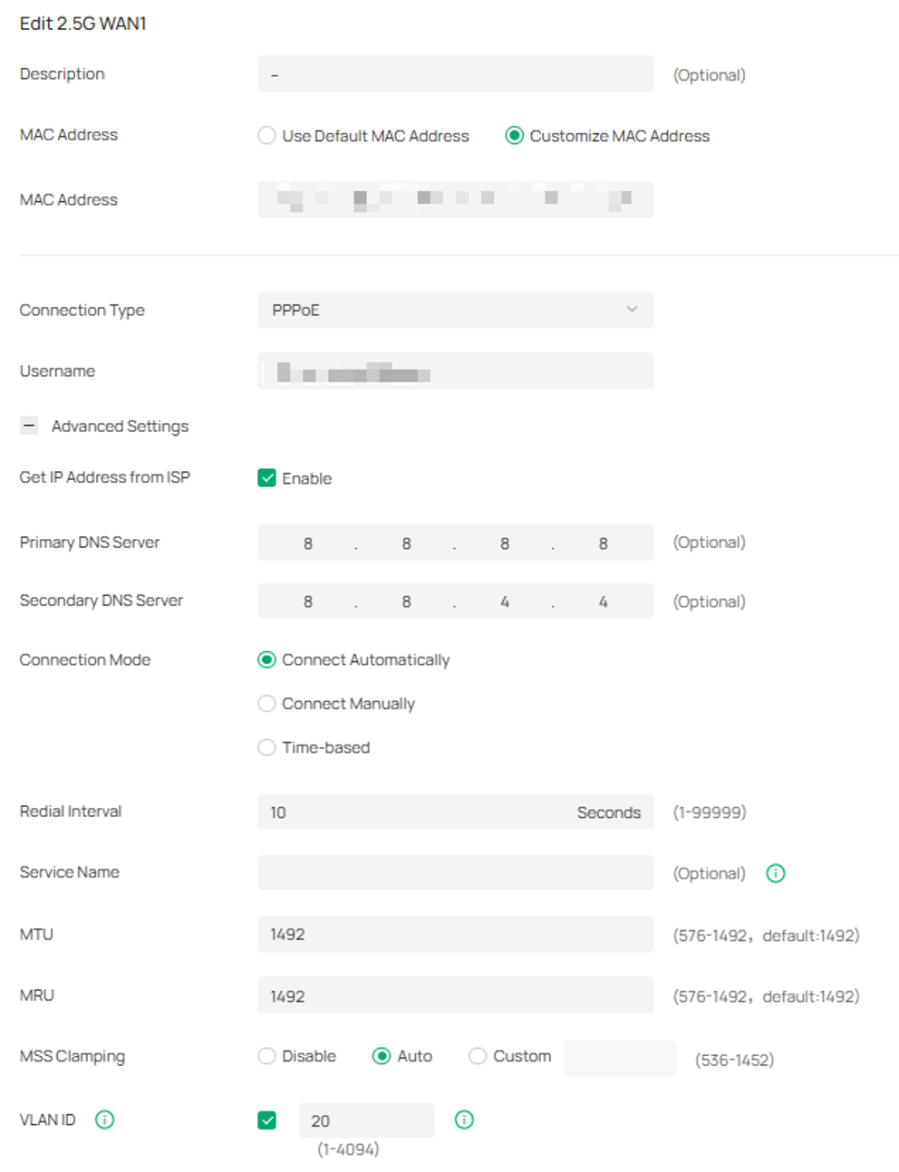 Show an example of checking the WAN settings on an Omada controller.