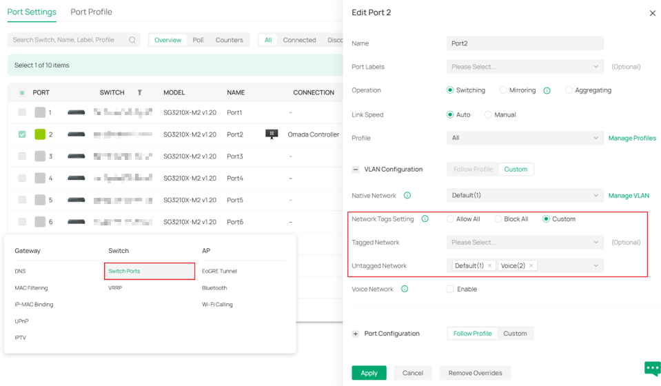 Edit VLAN tag on ports on Omada Controller.