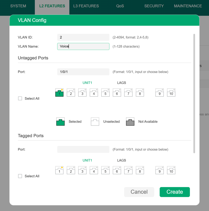 Detailed settings for VLAN Config under standalone page.