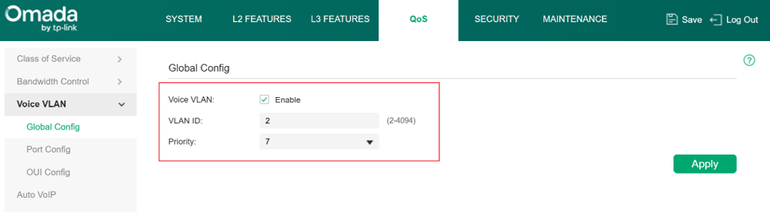 Display the voice vlan settings under global config page.