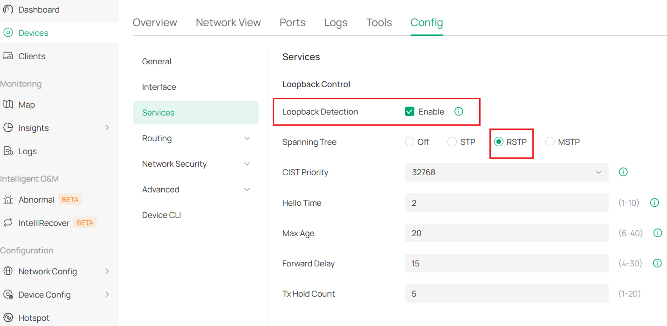 Shows the configuration of Loopback control in the device config.