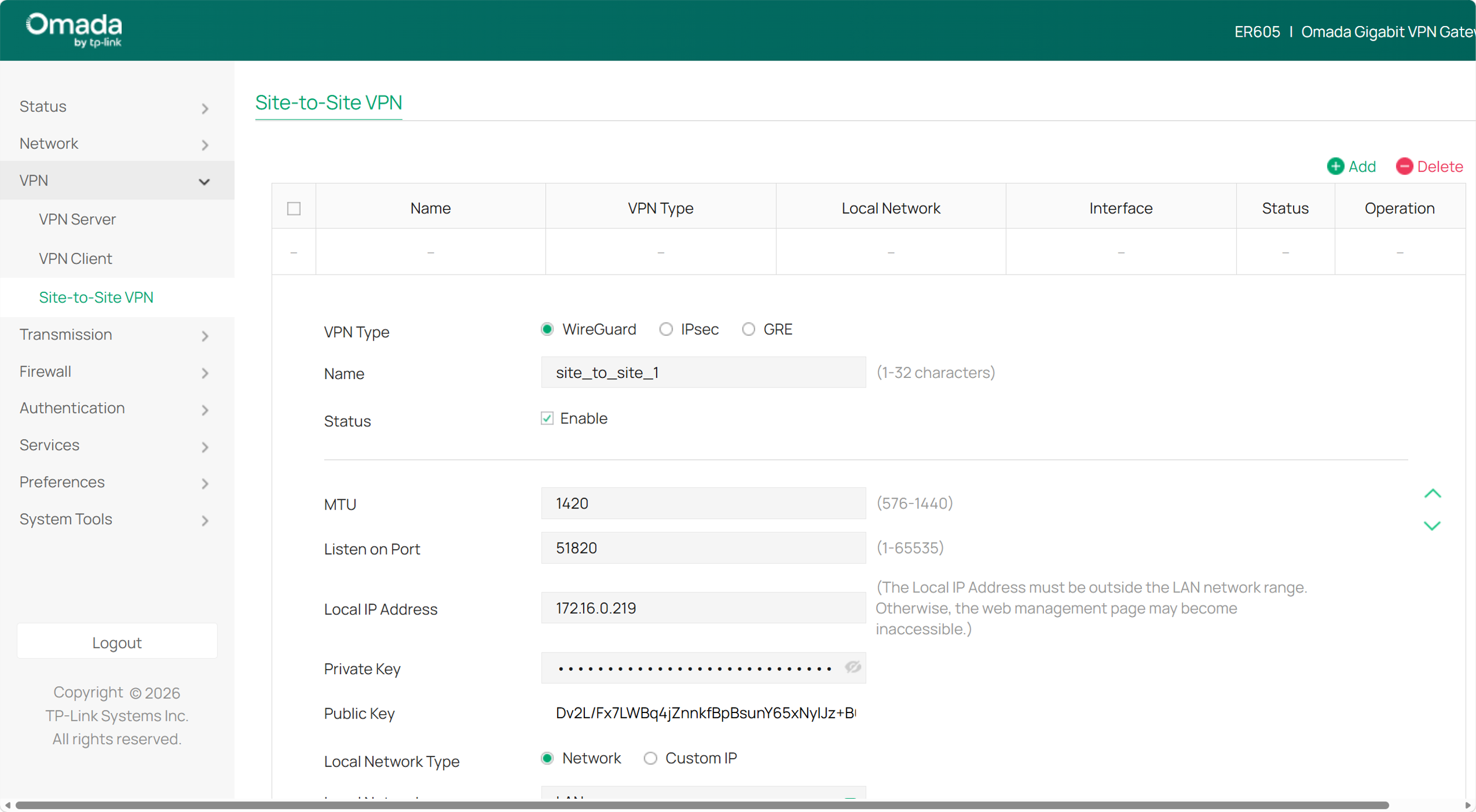 Example of configurations on site to site VPN in standalone mode.