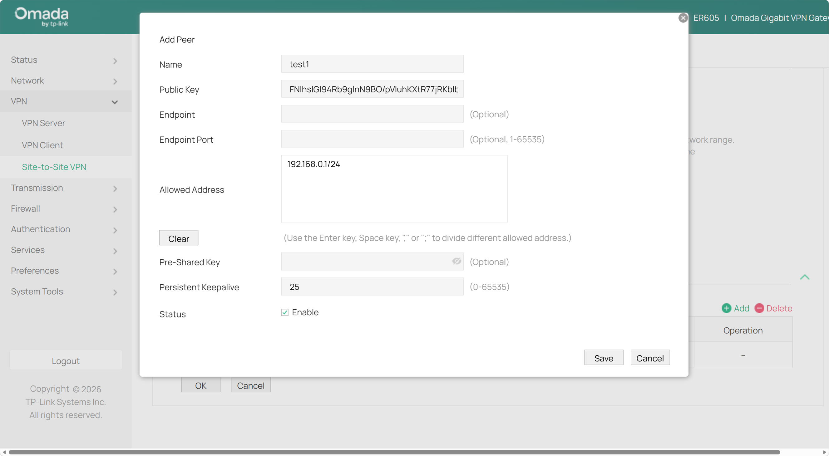Example of configurations about how to add VPN peer in standalone mode.