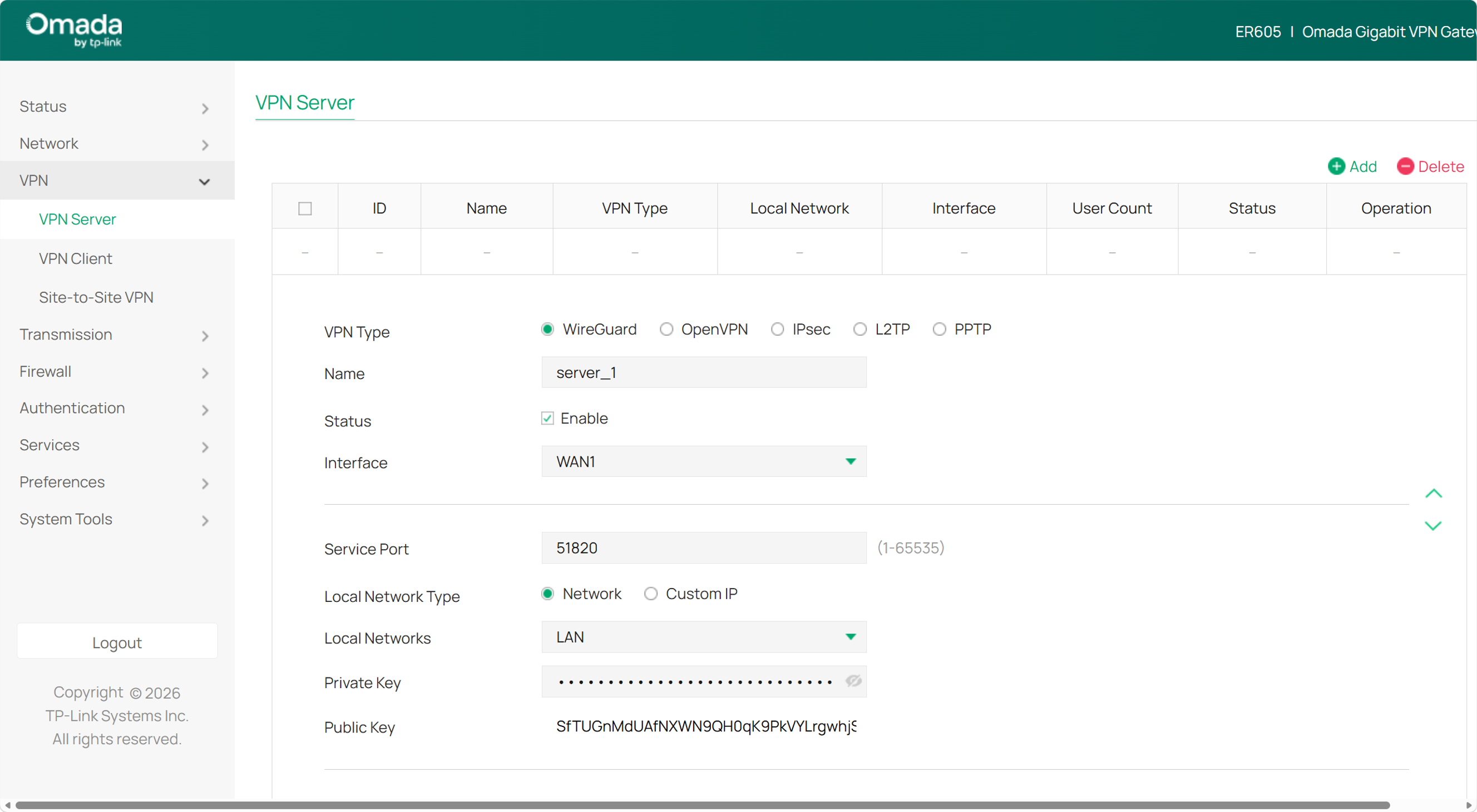 Example of configurations on WireGuard VPN server in standalone mode.