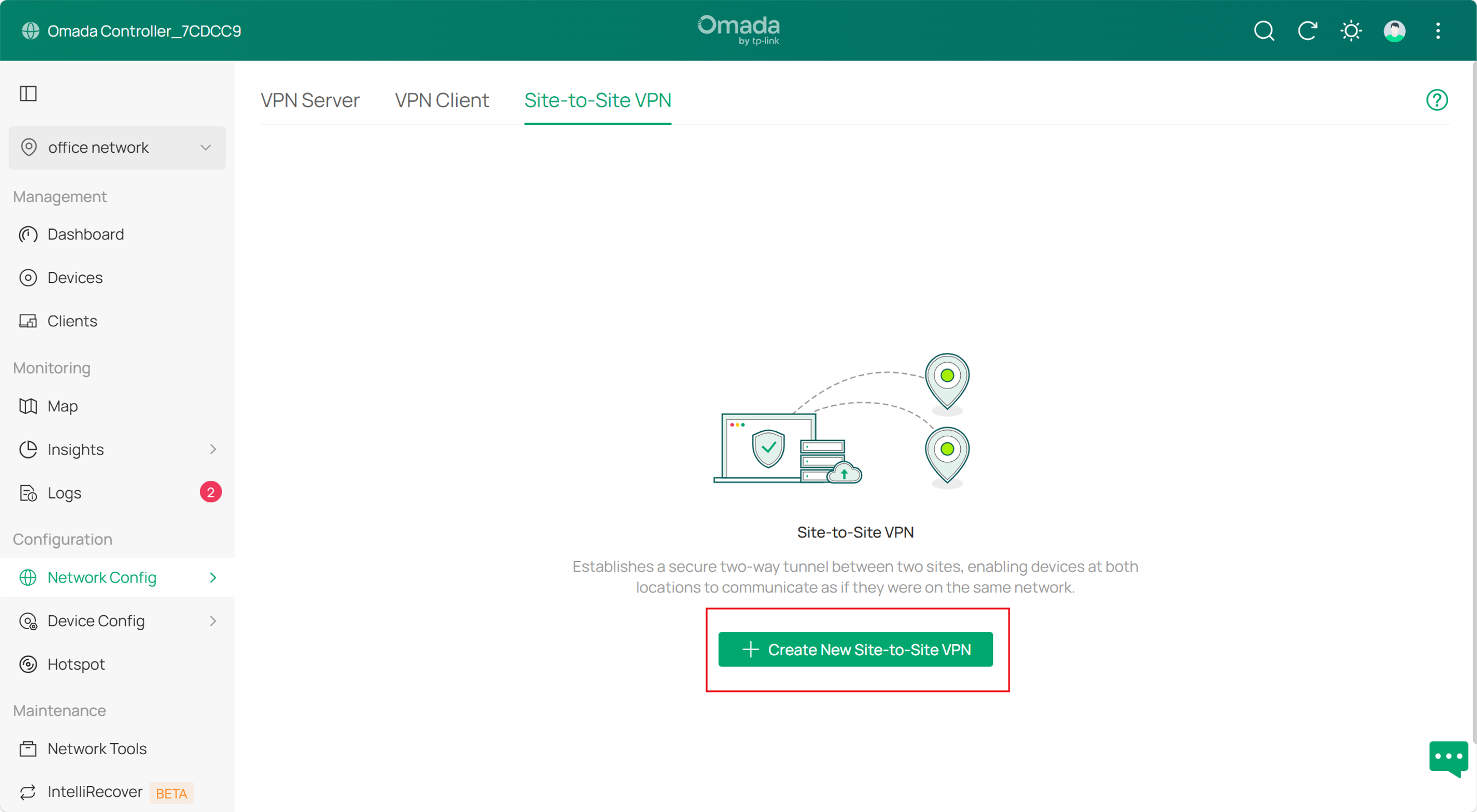 Create New site-to-site VPN in controller mode.