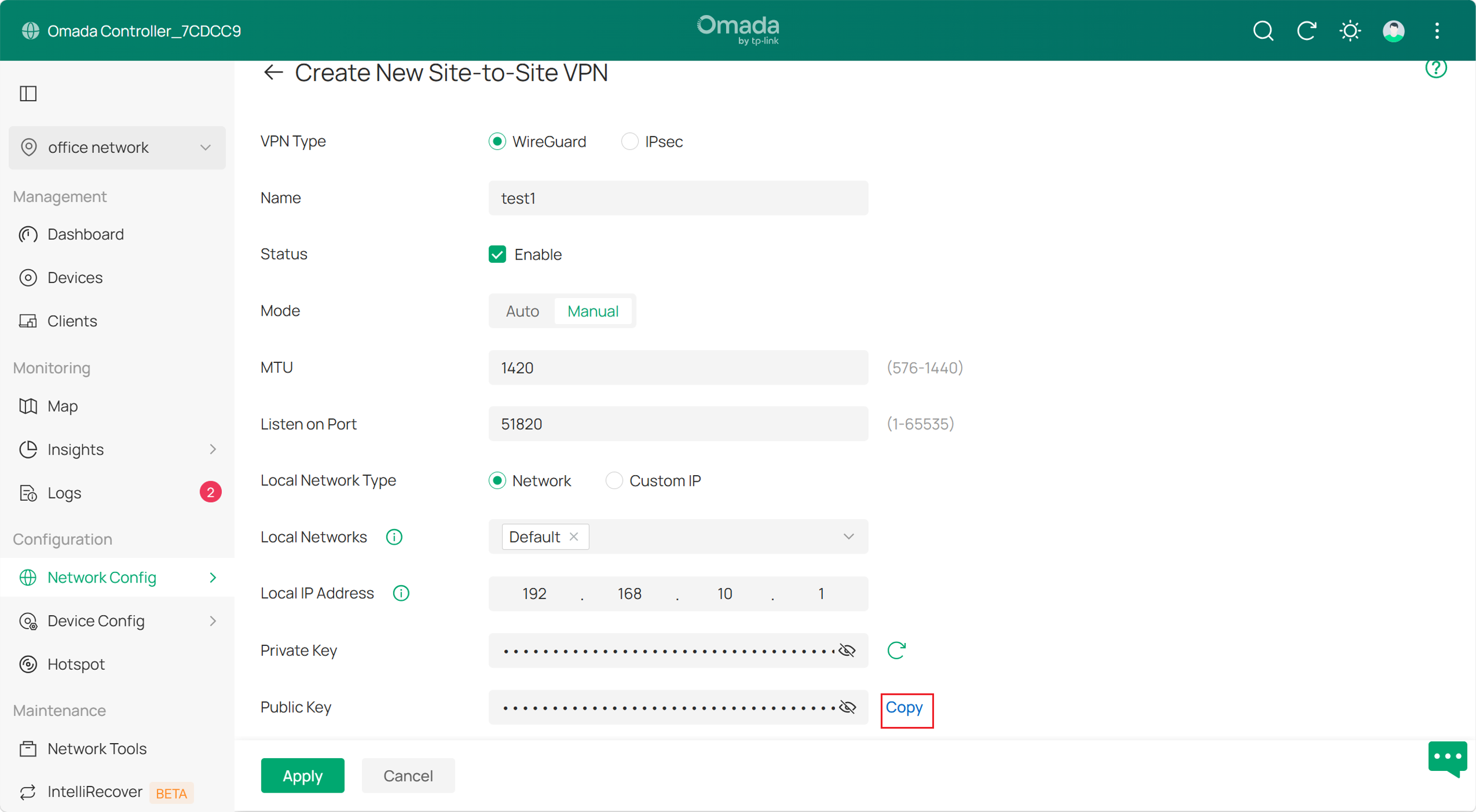 Example of configurations on site to site VPN in controller mode.
