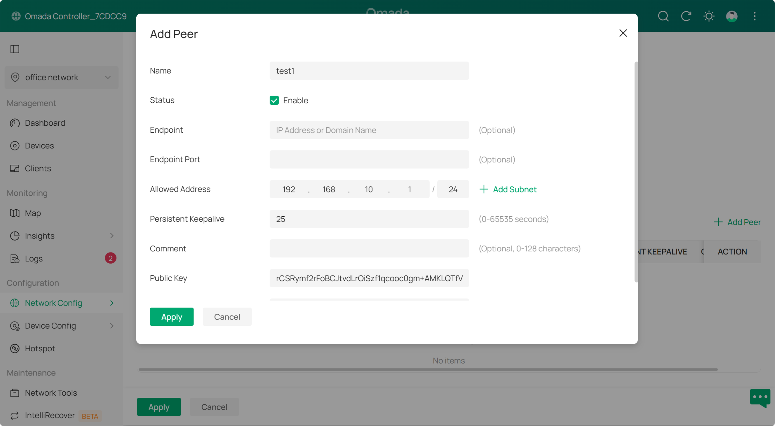 Example of configurations about how to add VPN peer in controller mode.