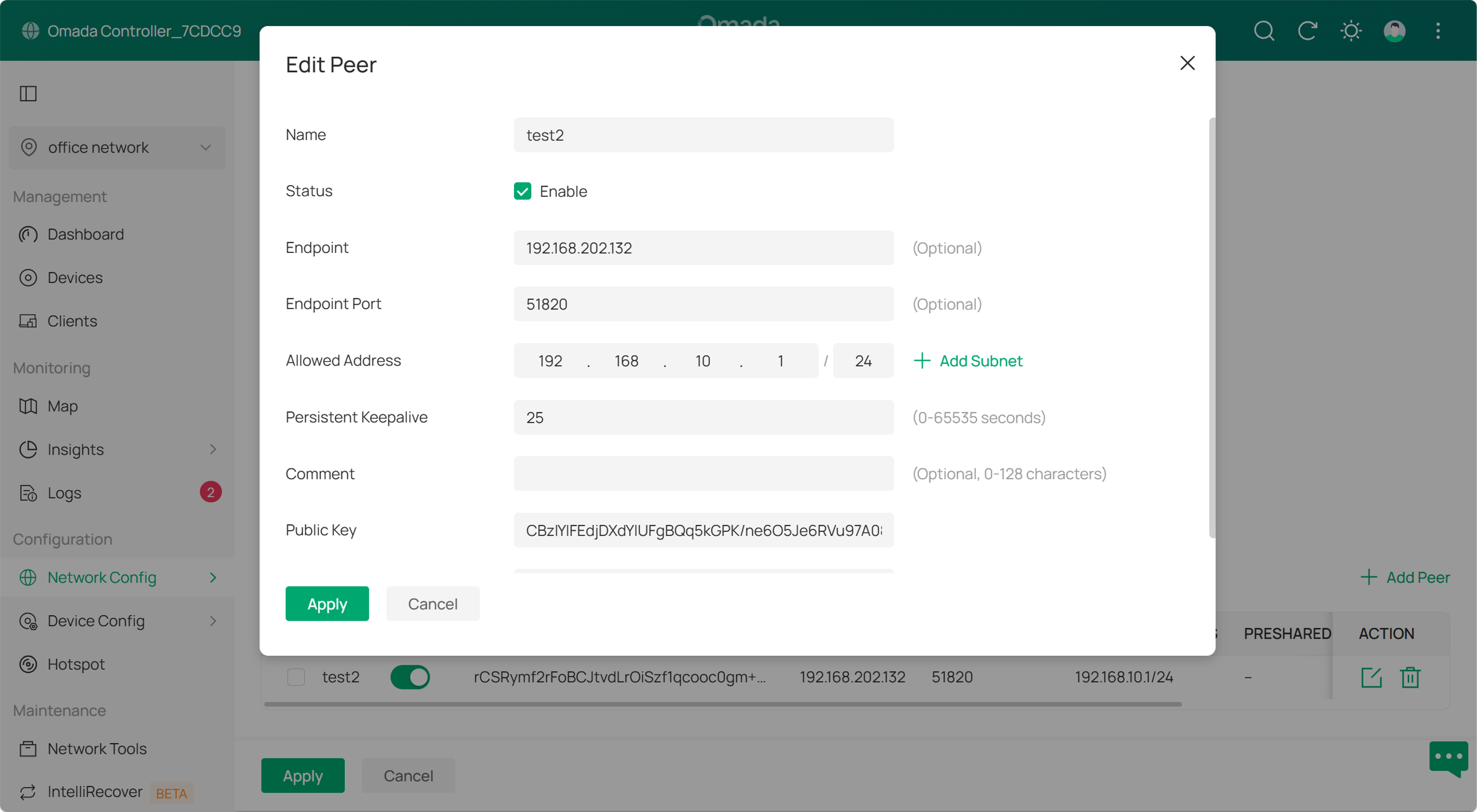 Example of configurations peer configurations in controller mode.