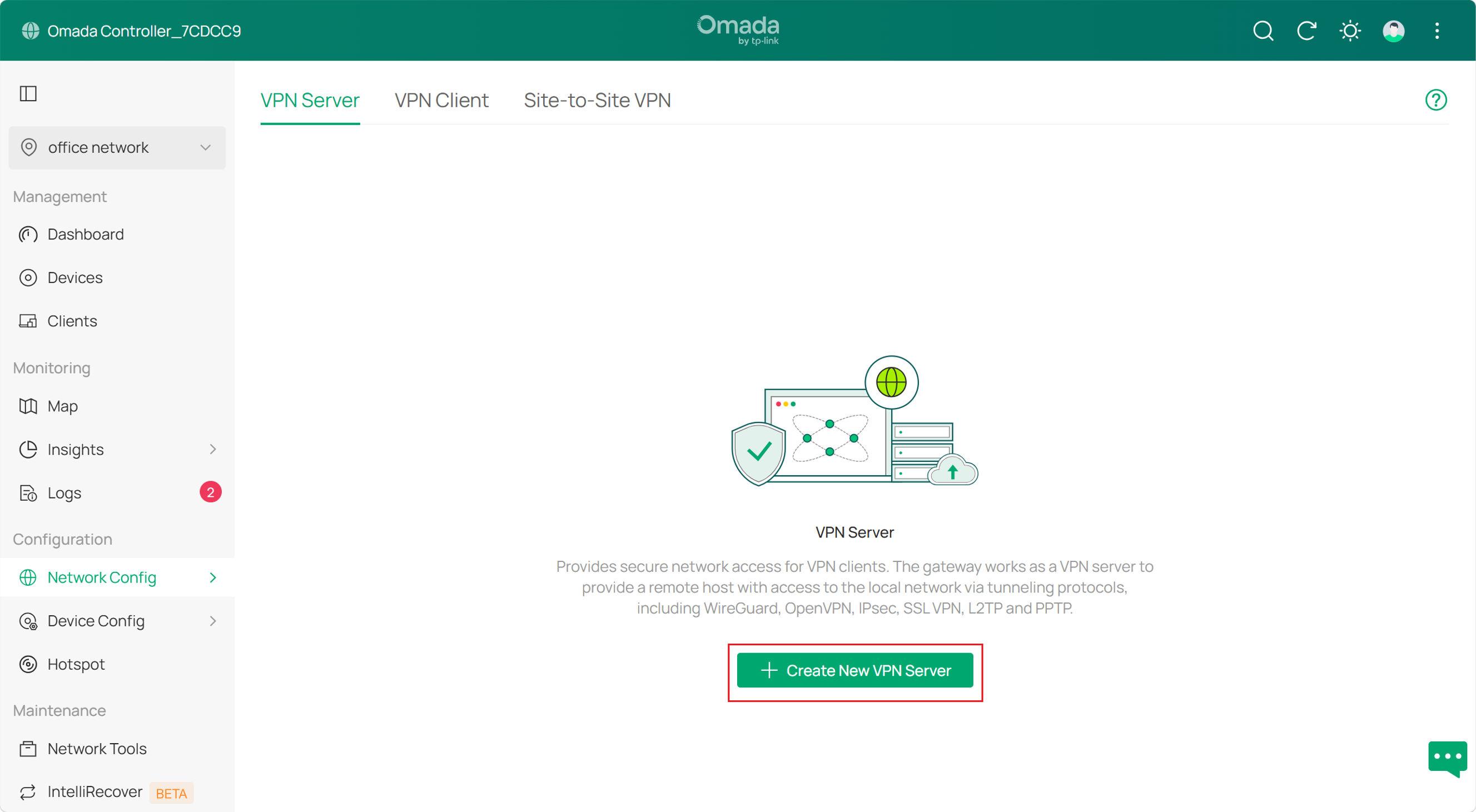 Create a New client-to-site VPN server under Controller mode.