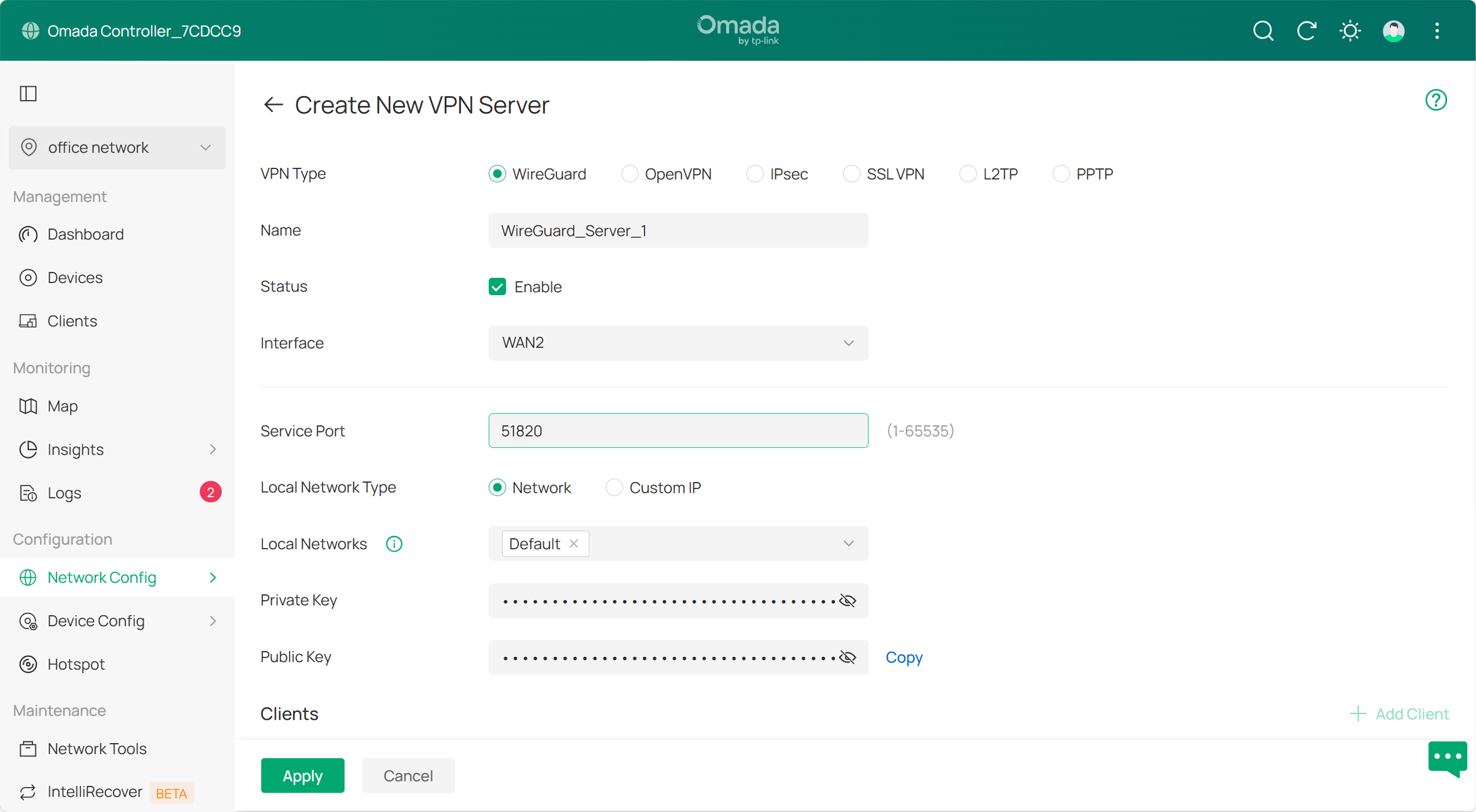 Example of configurations on WireGuard VPN server in controller mode.