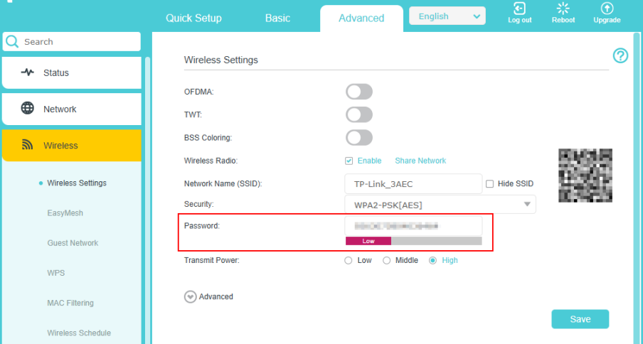 wireless settings page
