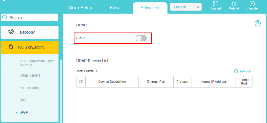 UPNP settings page