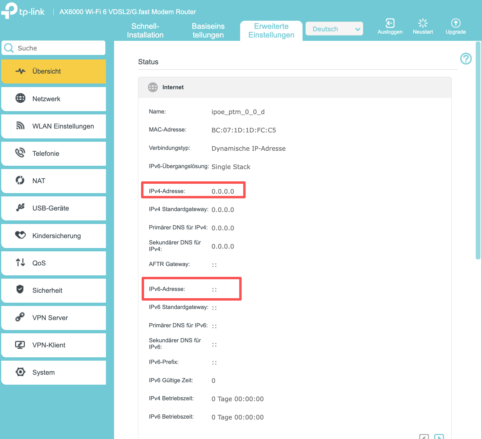 Statusseite des Routers mit Anzeige der Internet-IP-Adresse.