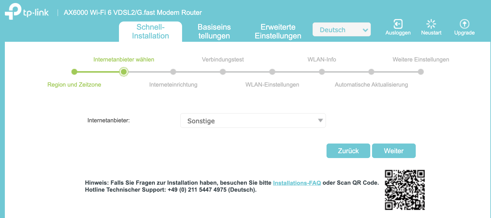 Schnellkonfigurationsassistent, bei dem als Internetdienstanbieter „Sonstige“ ausgewählt wurde.