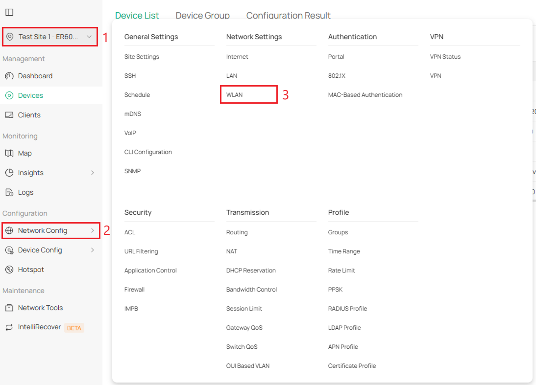 Path to find WLAN in controller 6.2 is site view > Network Config > WLAN.