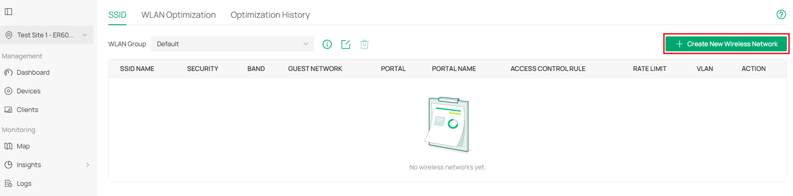Create New Wireless Network button is on the upper-right corner in SSID page.