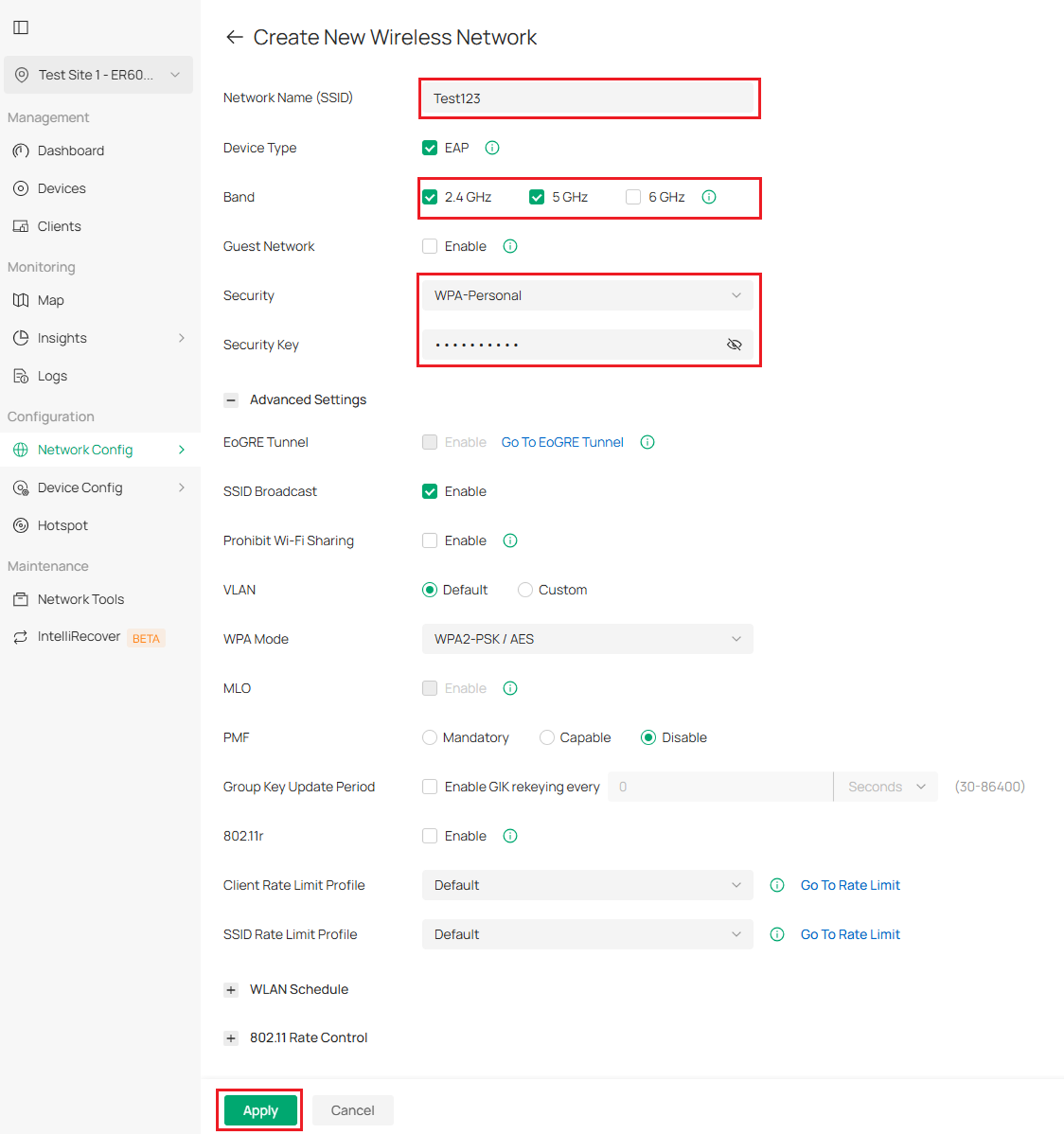Fill in important information like band, security and security key to customize your WLAN group settings.