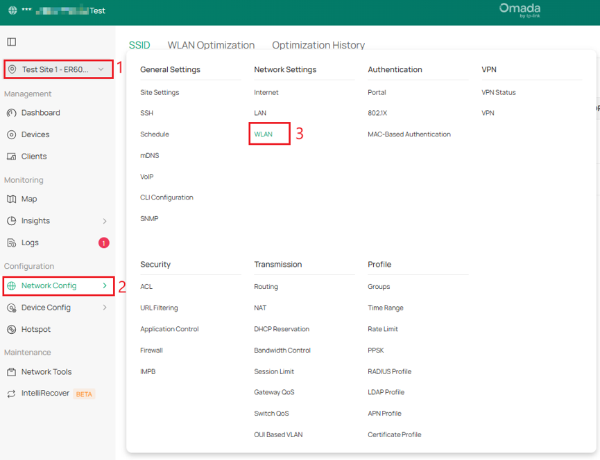 Under site view to find Network config and WLAN to find SSID settings. 