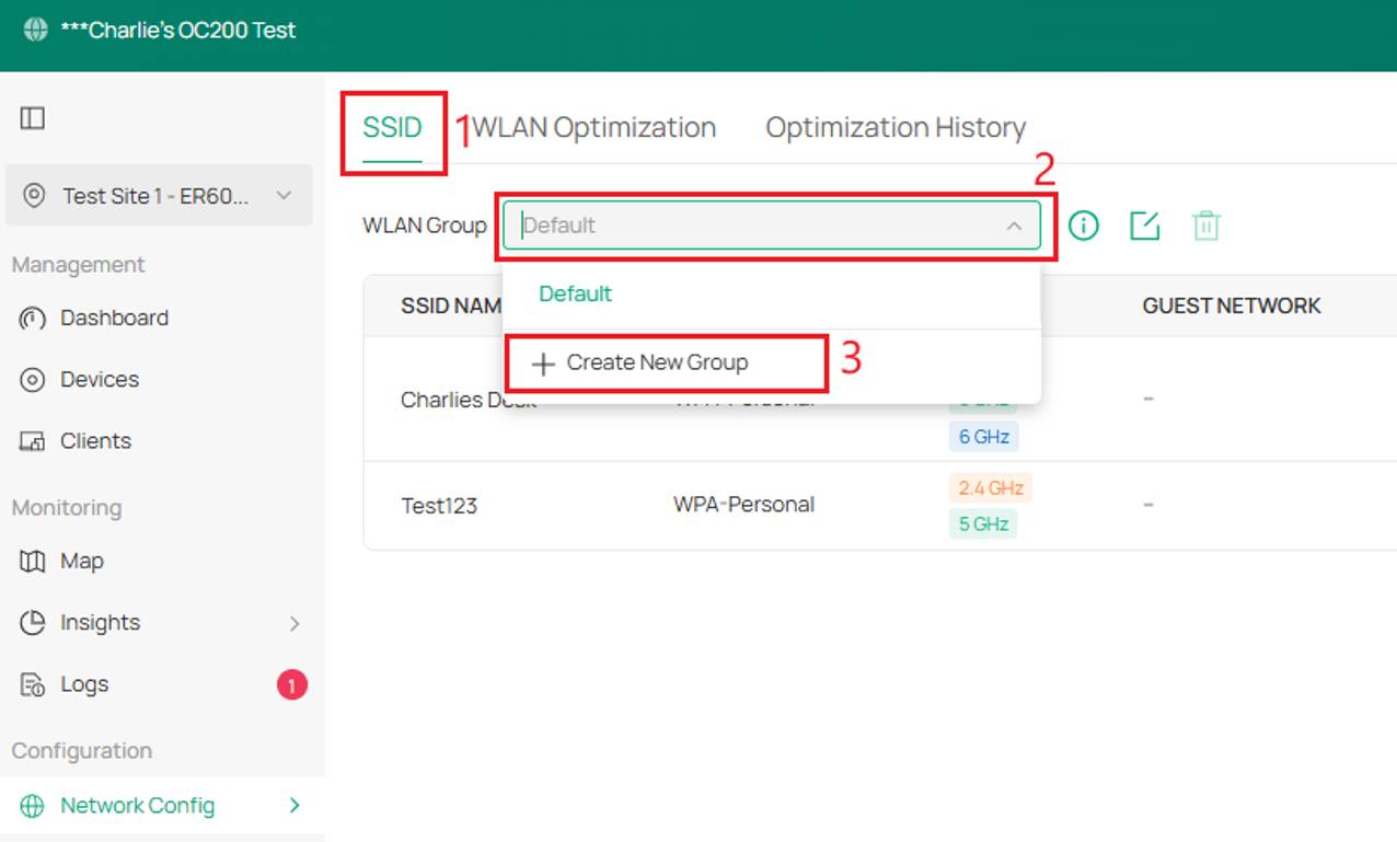 Under SSID option to find WLAN Group drop-down list to create new group.