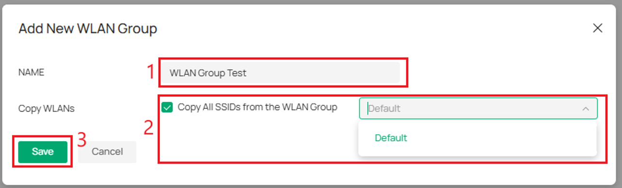 Name your WLAN group and choose copy WLANs or not. Then save your new WLAN settings.