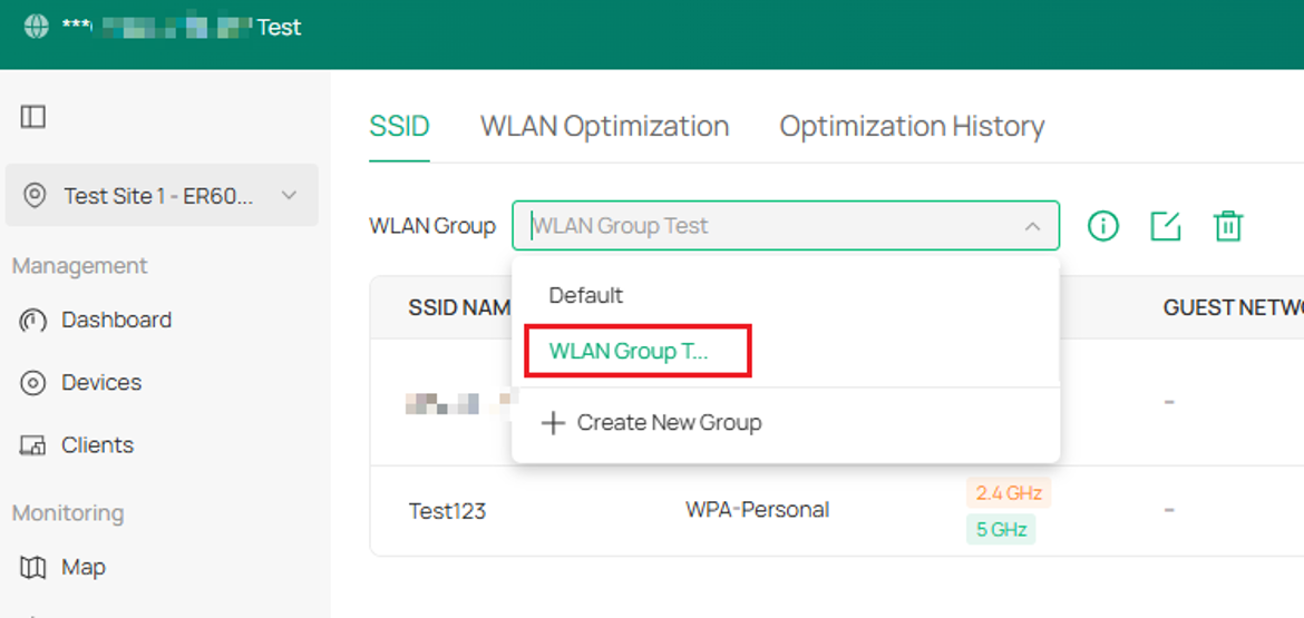 Choose the WLAN group from the drop-down list.