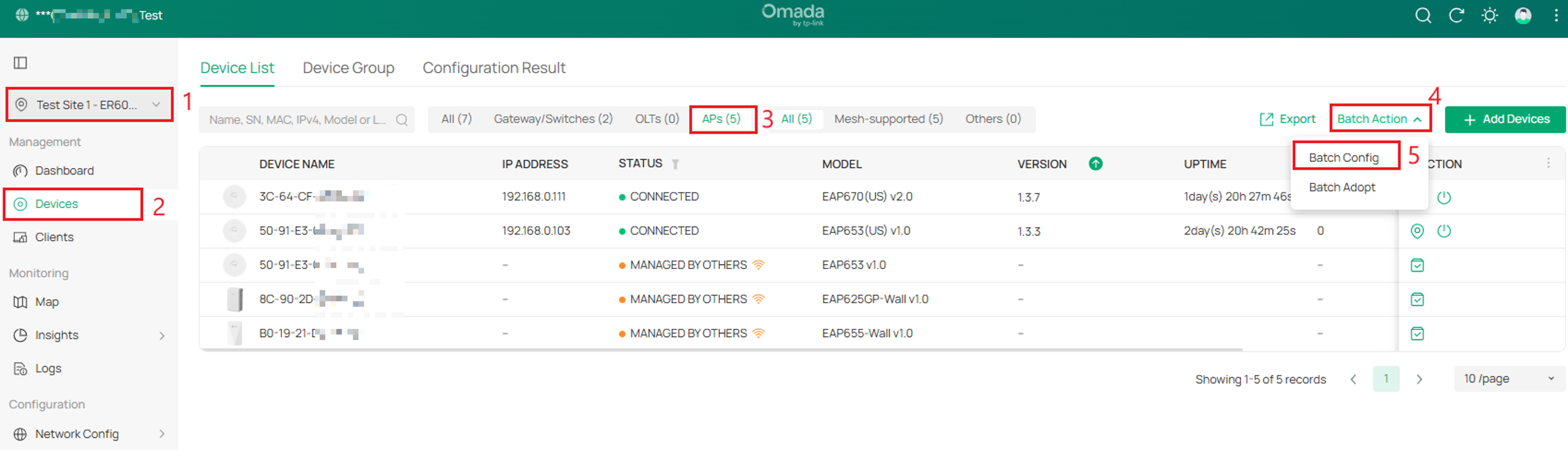 Under Device list page to select batch config on the upper right corner.