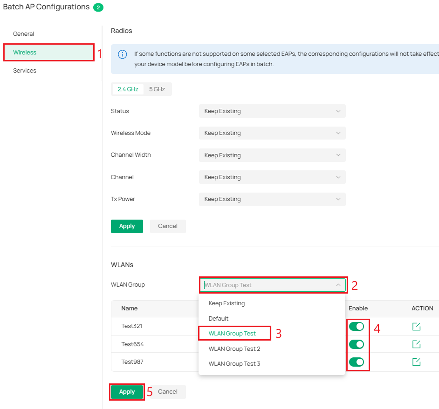 Choose the WLAN group you want to apply to the Batch configuration.
