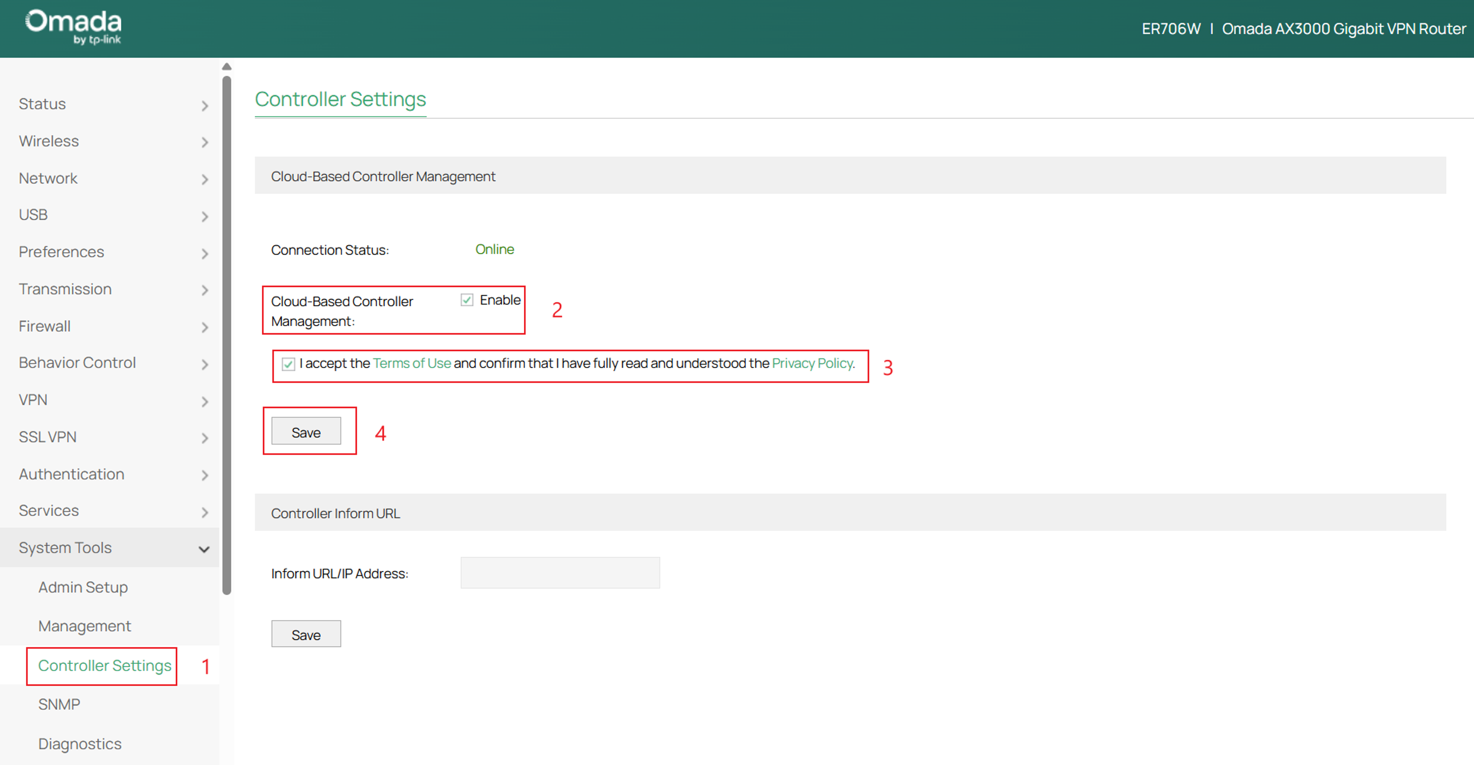 Enable Cloud-Based controller management on the gateway web interface.