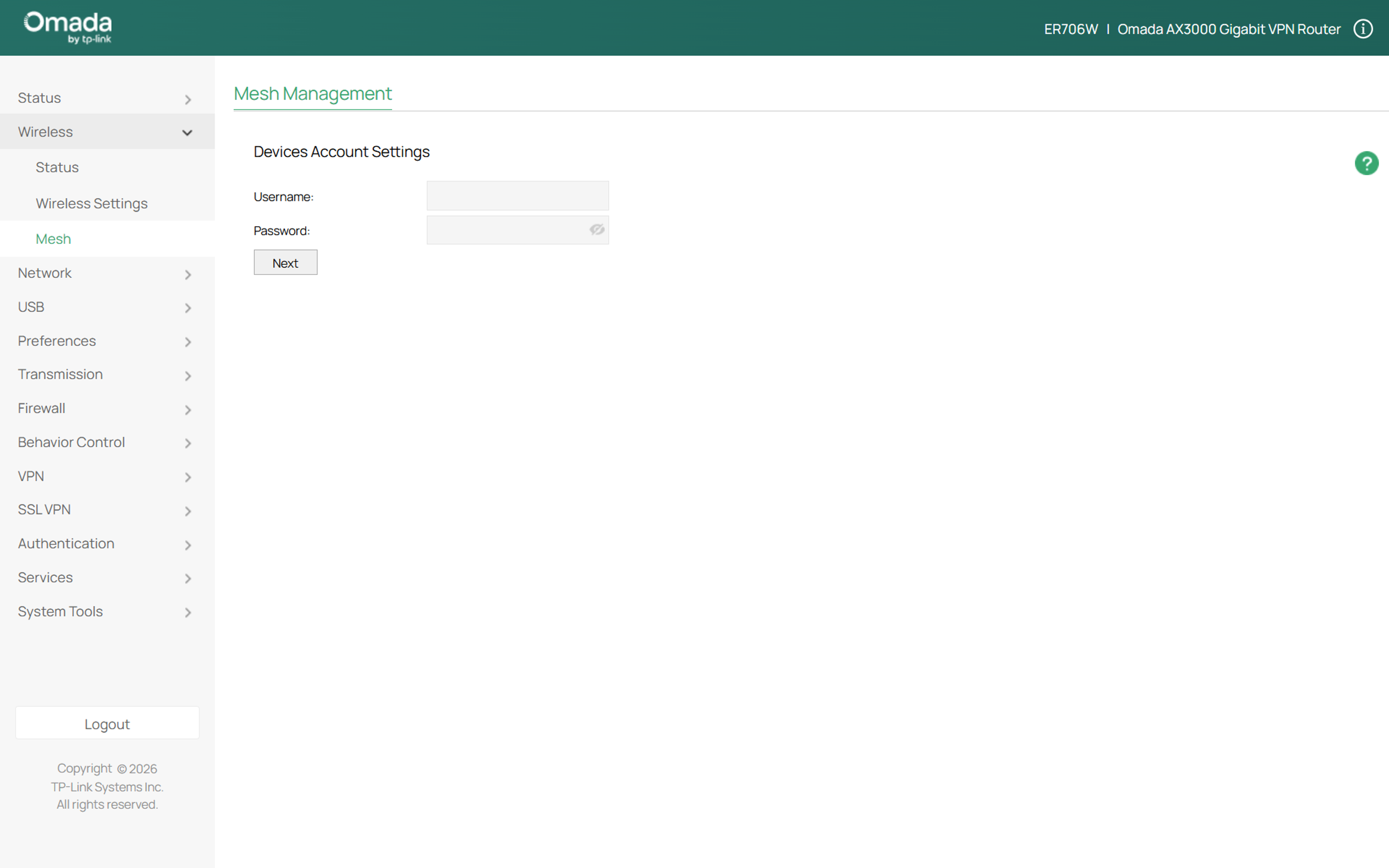 Create a username and password for the mesh network.