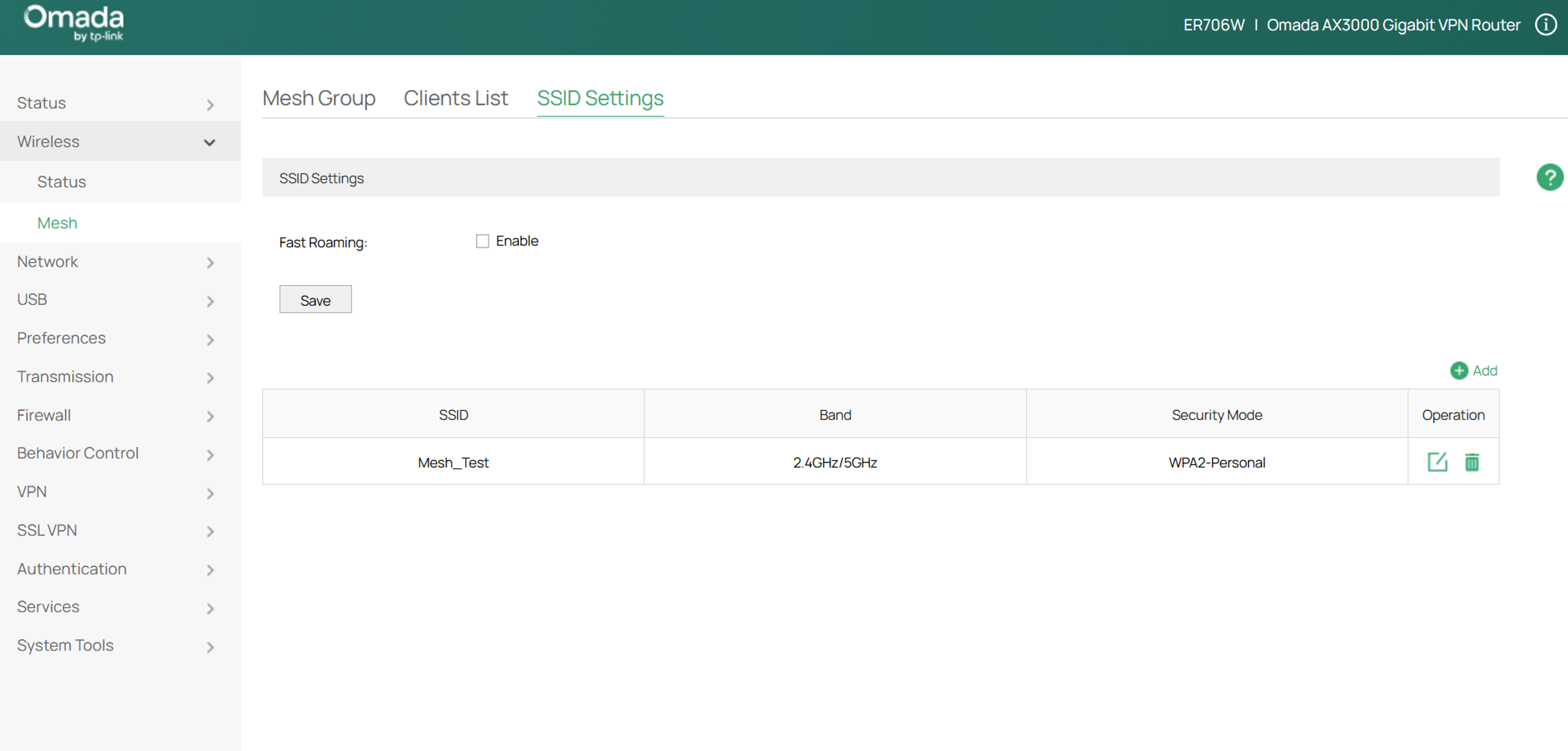 Wireless settings page.
