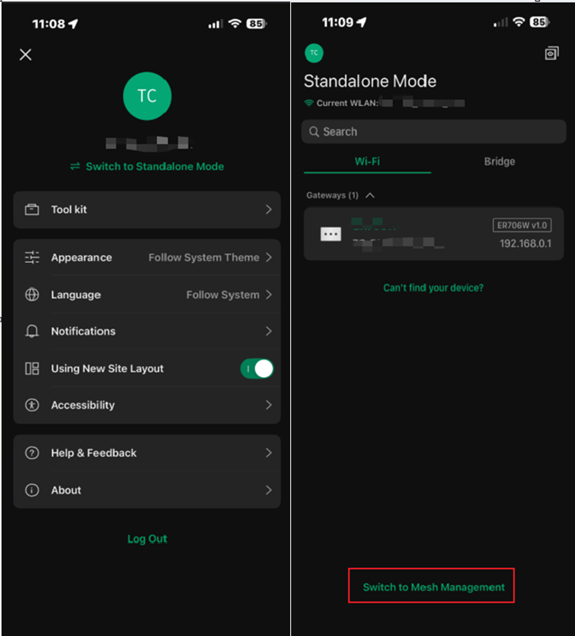 Click on Switch to Mesh Management on the Omada app.