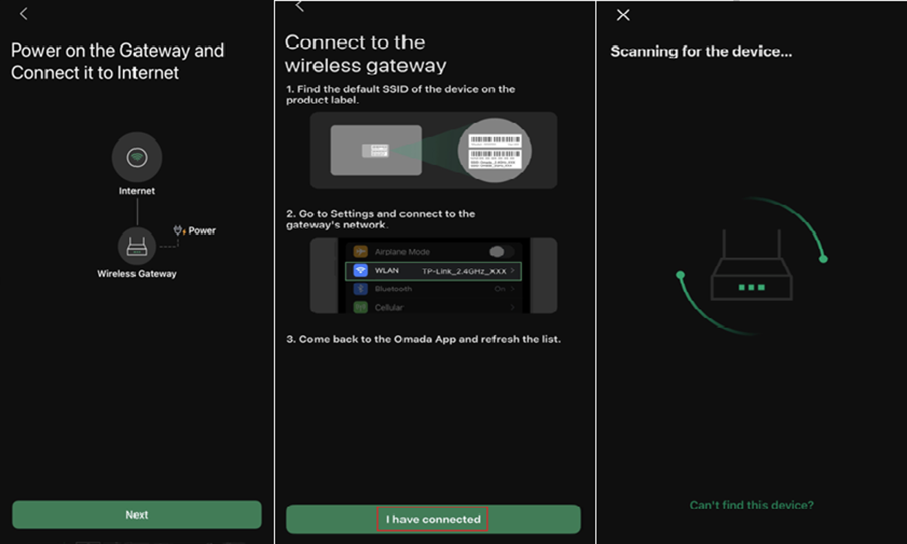 Connect to the wireless gateways default SSID to discover the device.