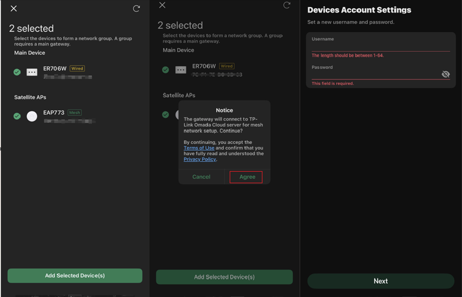 Add the devices into the mesh network and create a username and password for the devices.