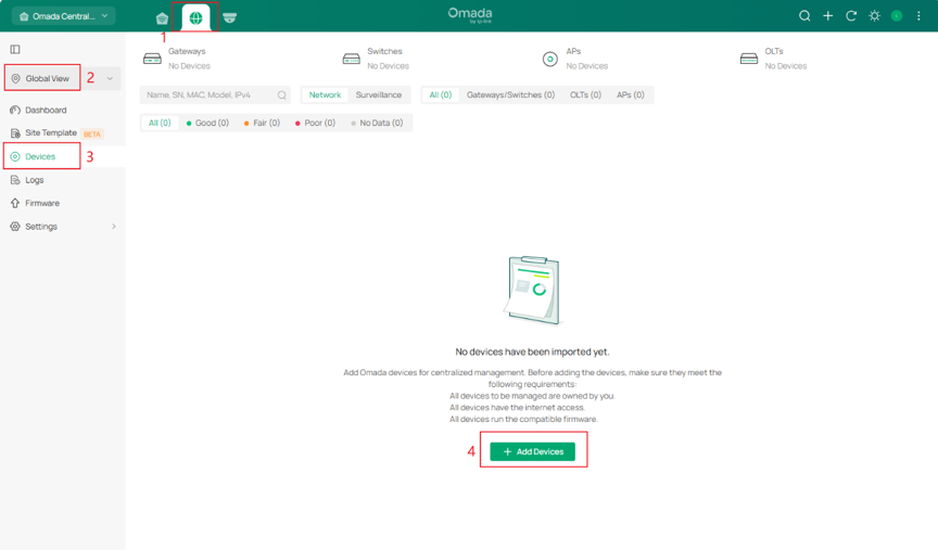 The location of the Add Devices button on the devices page.
