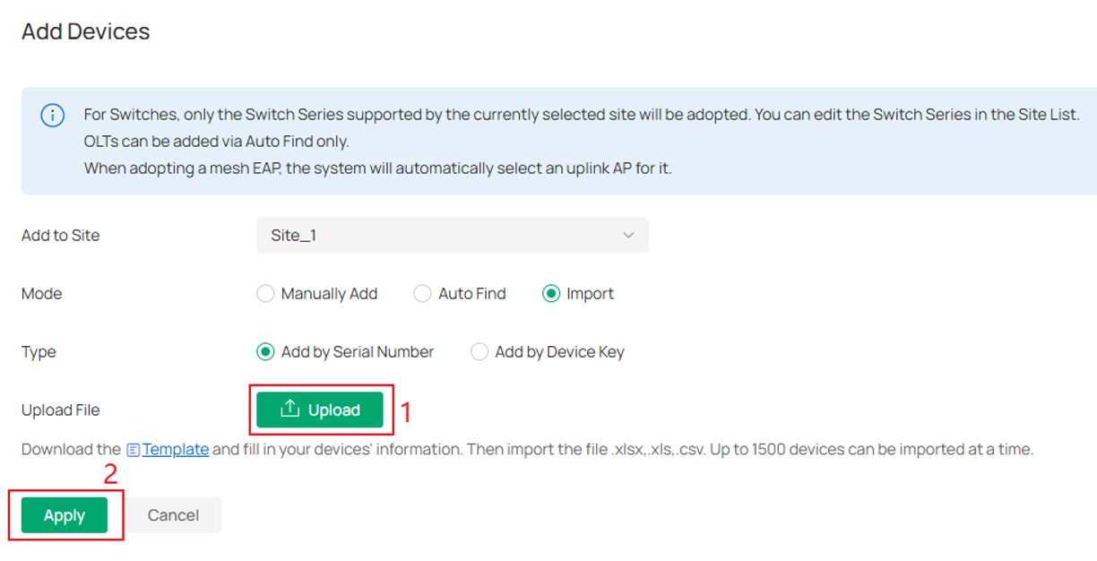 Procedure to add devices using template imported.