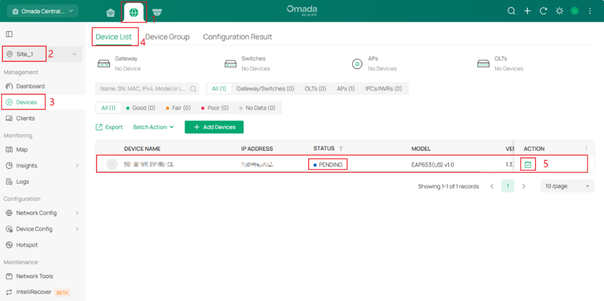 Devices list where you can check if the device is found by Omada Central.
