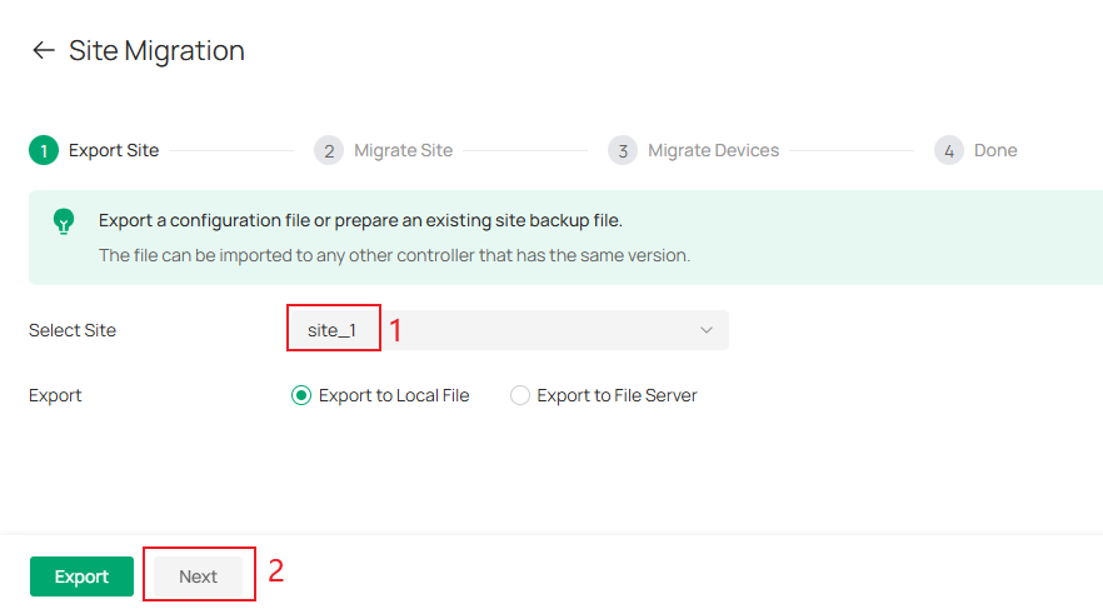 Export Site page in the site migration process.